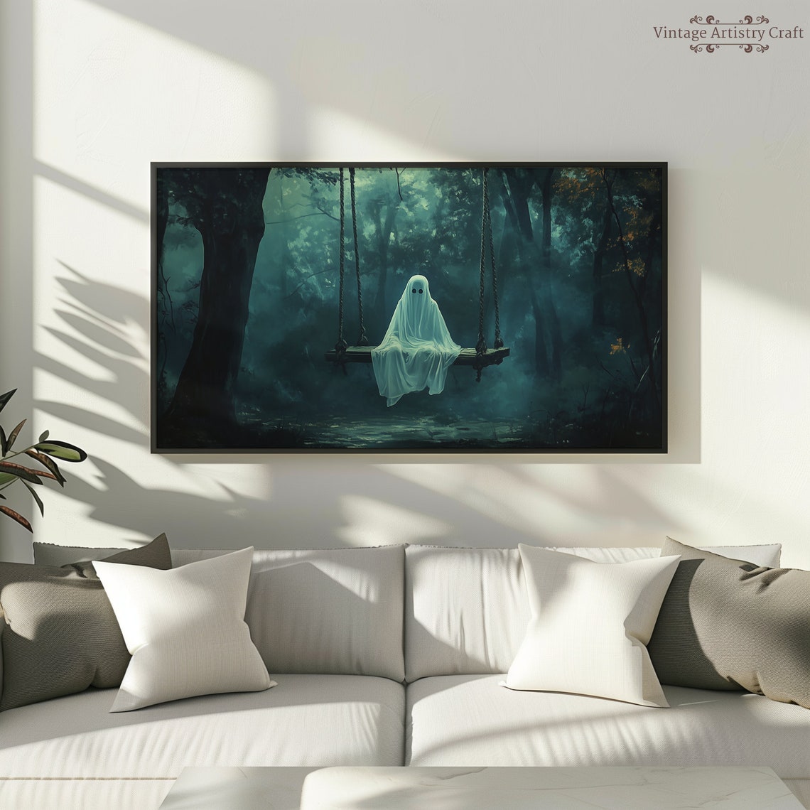 Cute Sheet Ghost on Swing in Misty Forest Spooky Halloween Poster - Image 3