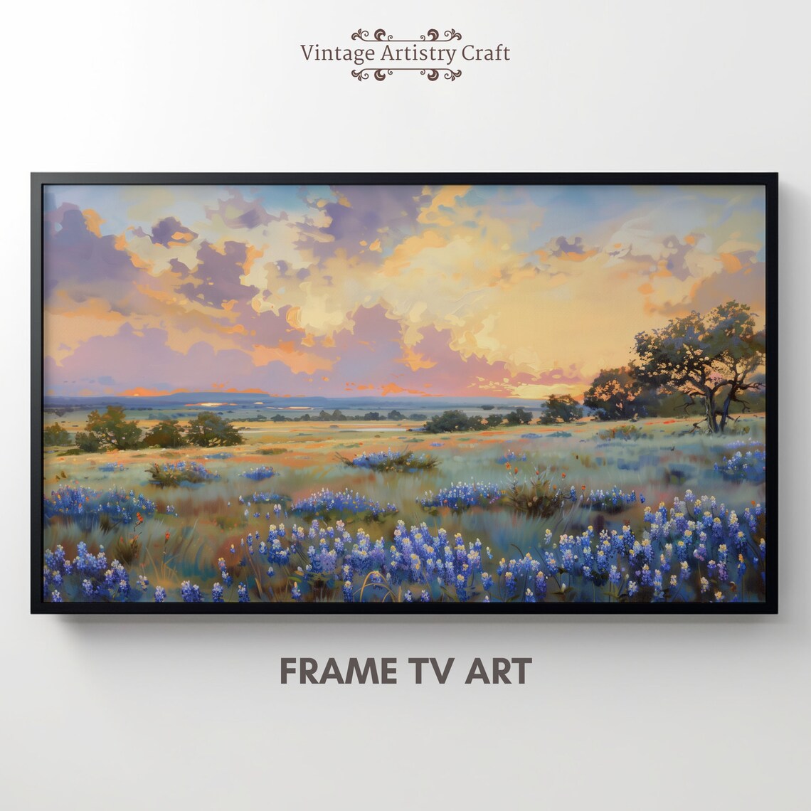 Bluebonnet Wildflower Meadow At Sunset Landscape Painting Poster - Image 3