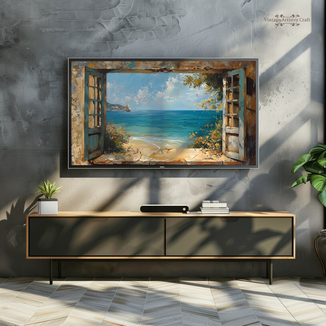 Open Doors to the Sea Vintage Coastal Window Seascape Oil Poster - Image 3