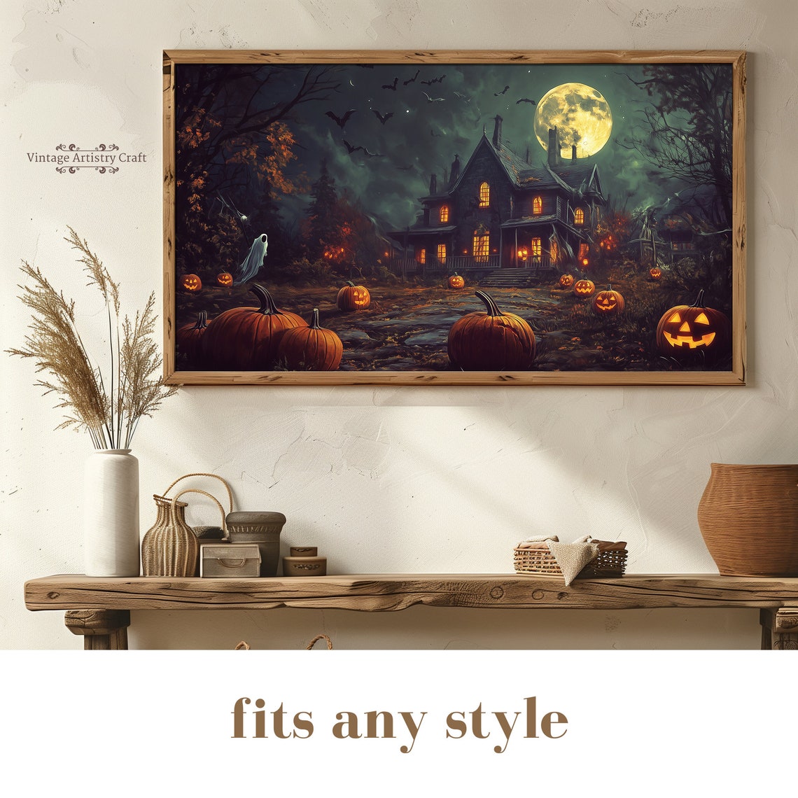 Spooky Haunted House Night Pumpkins Bats Full Moon Halloween Poster - Image 8