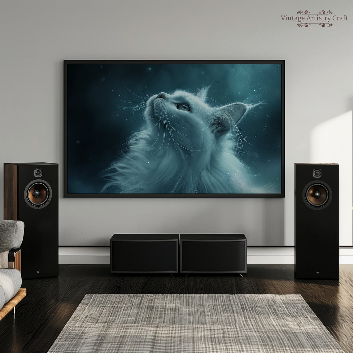 White Cosmic Cat In Starry Nebula Fantasy Desktop Art Poster - Image 4