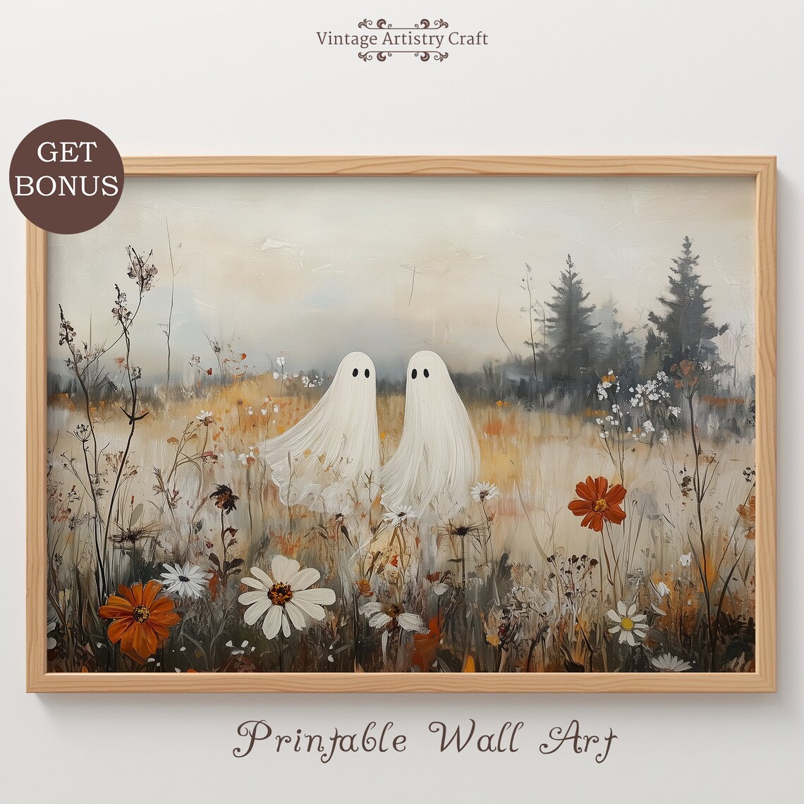Ghost Pair Autumn Wildflower Field Halloween Vintage Painting Poster