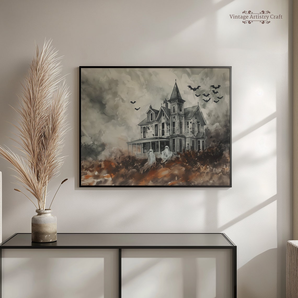 Haunted House With Ghosts Bats Watercolor Halloween Art Poster - Image 4