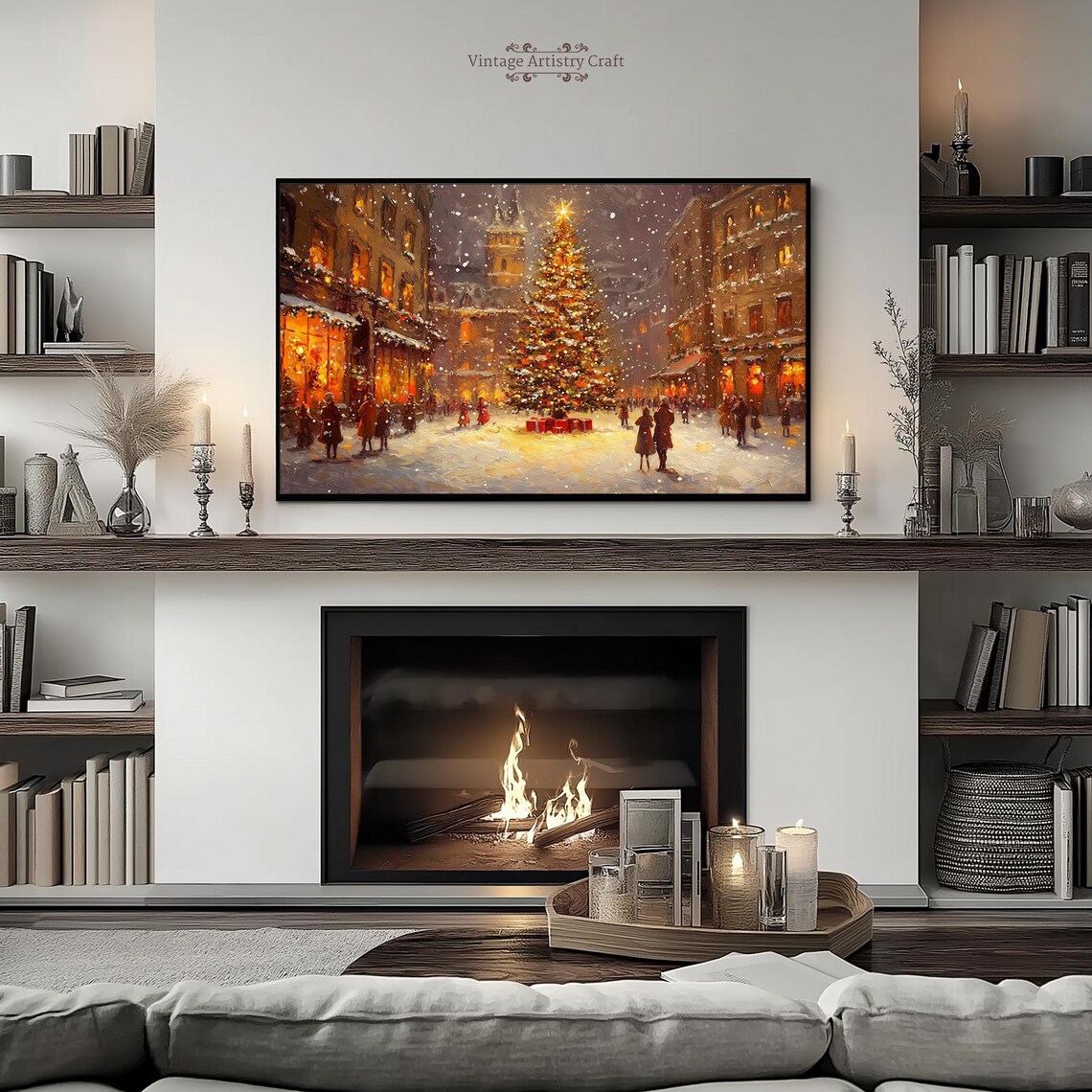 Winter Frame Tv Art Christmas Tree Warm Street Town Moody Farmhouse Tv Decor Vintage Oil Painting 4k - Image 5