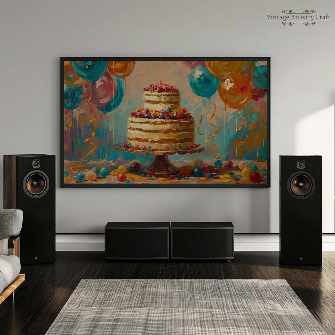 Colorful Birthday Cake With Balloons Festive Painting Poster - Image 3