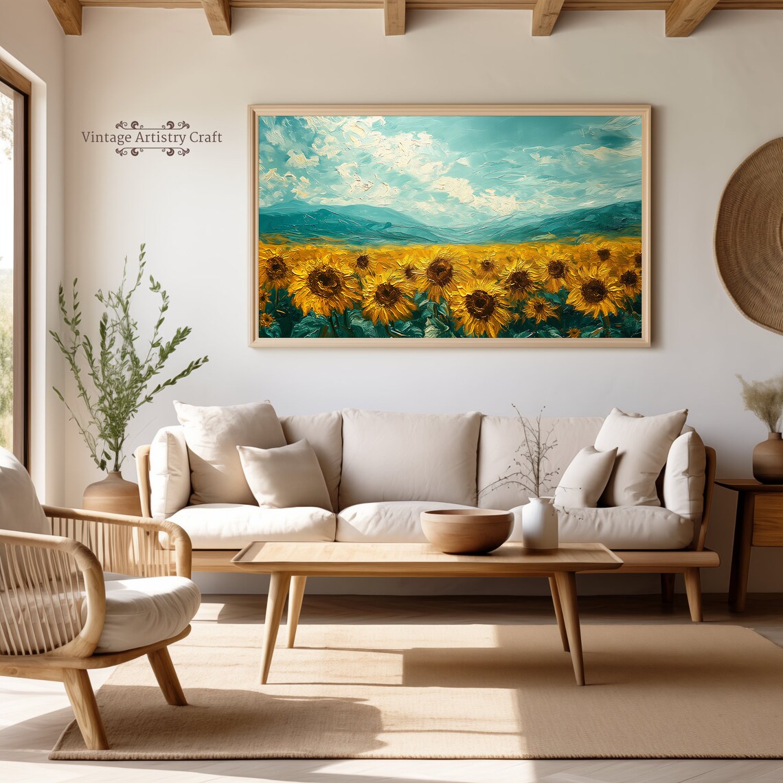 Golden Sunflower Field Teal Mountains Impasto Oil Painting Poster - Image 4