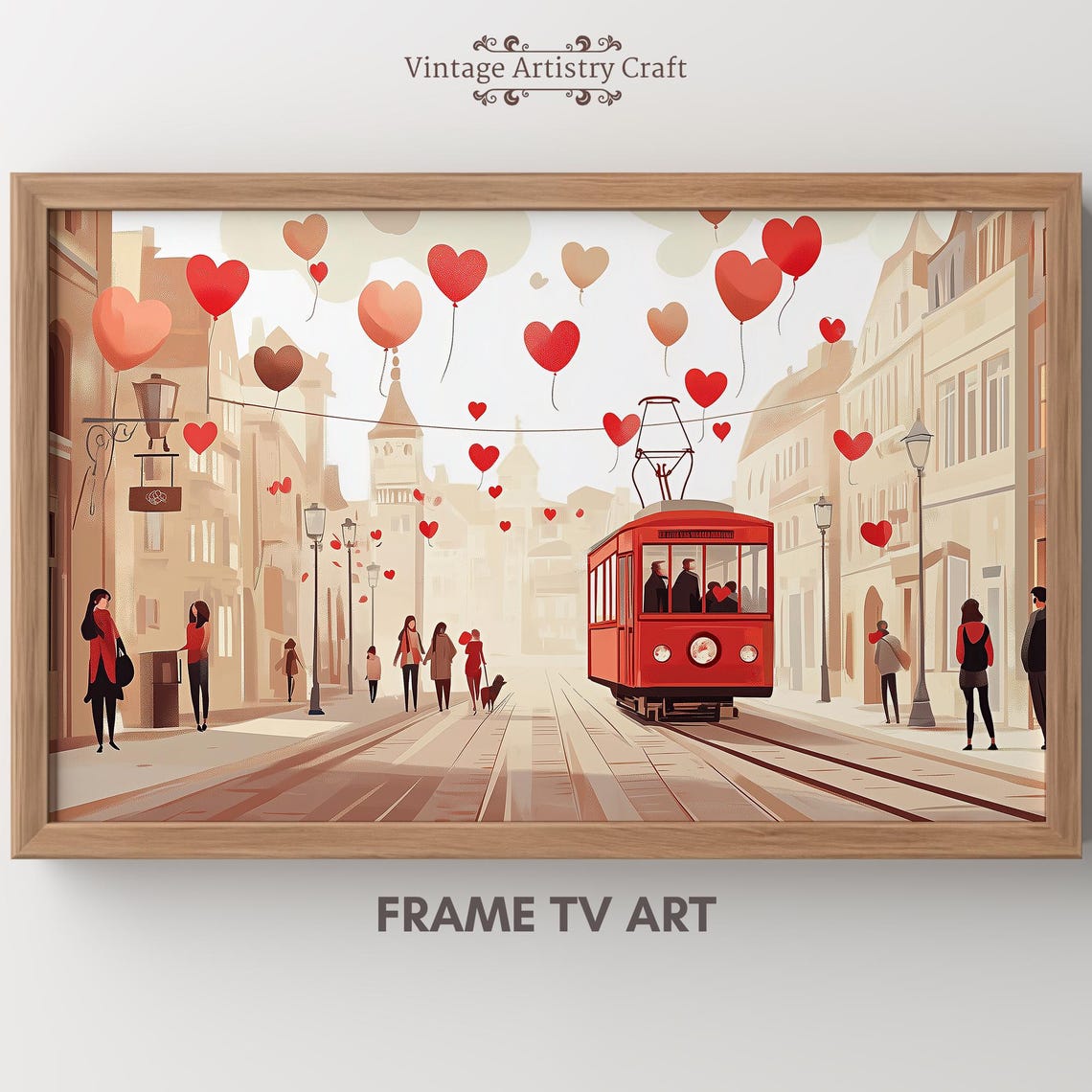 Heart Balloons European Street Tram Romantic Valentine Scene Poster