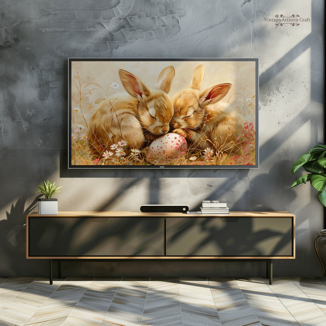 Two Sleeping Bunny Rabbits With Painted Egg Soft Pastel Poster - Image 5