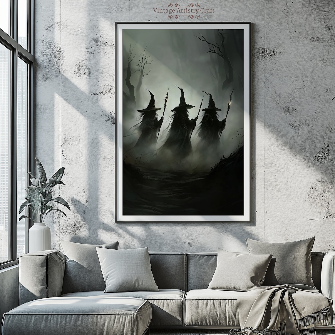 Three Witches From Behind Dark Foggy Woods Torches Eerie Poster - Image 4