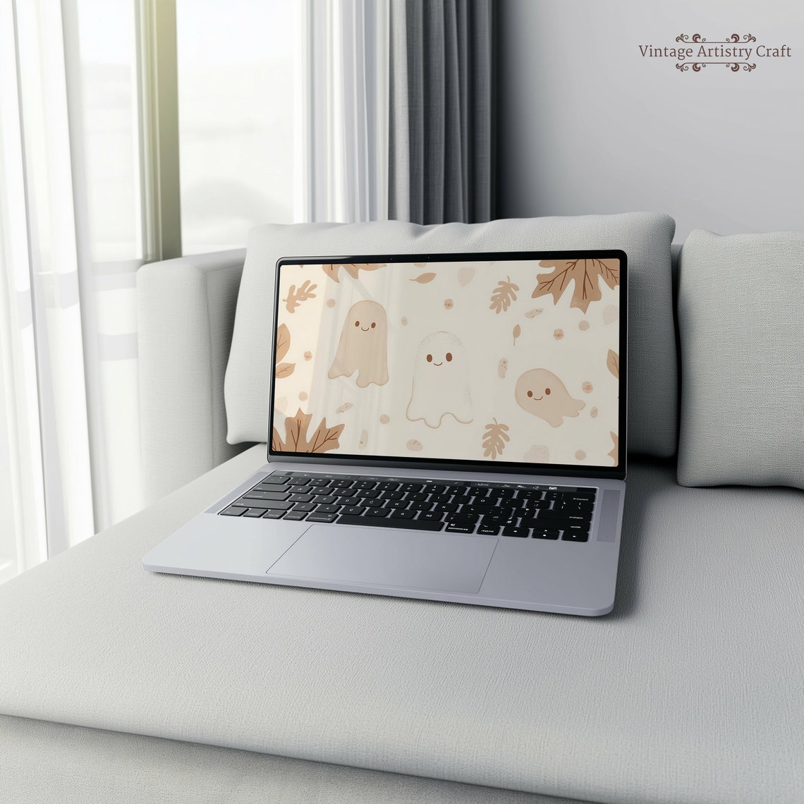 Cute Smiling Ghost Neutral Beige Aesthetic Halloween Desktop Wallpaper 4k Pc Imac Laptop Macbook Minimalist Background Uhd - Image 8