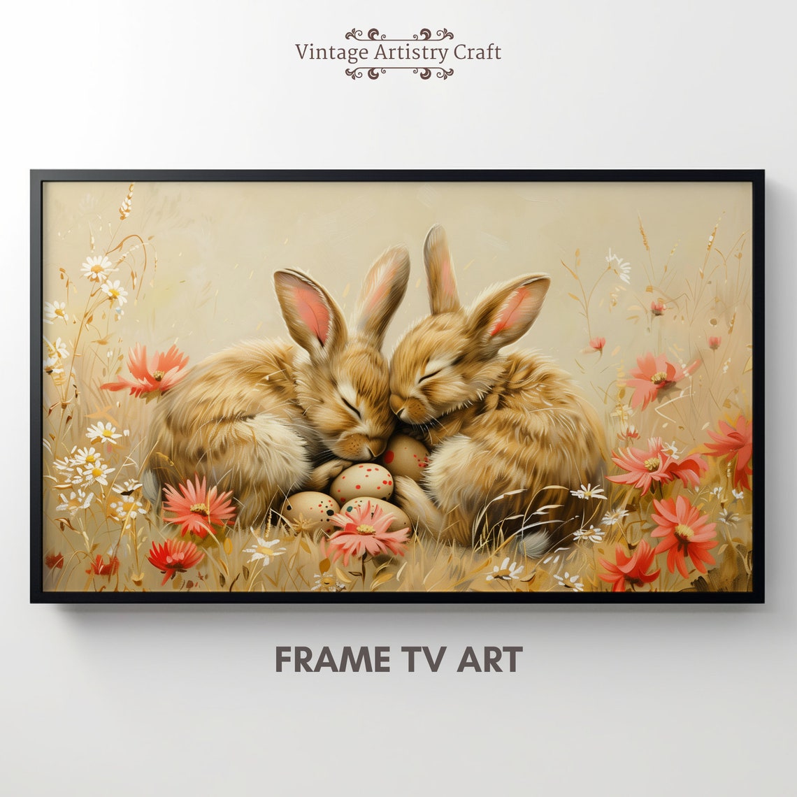 Sleeping Bunny Rabbits Easter Meadow Wildflower Oil Painting Poster