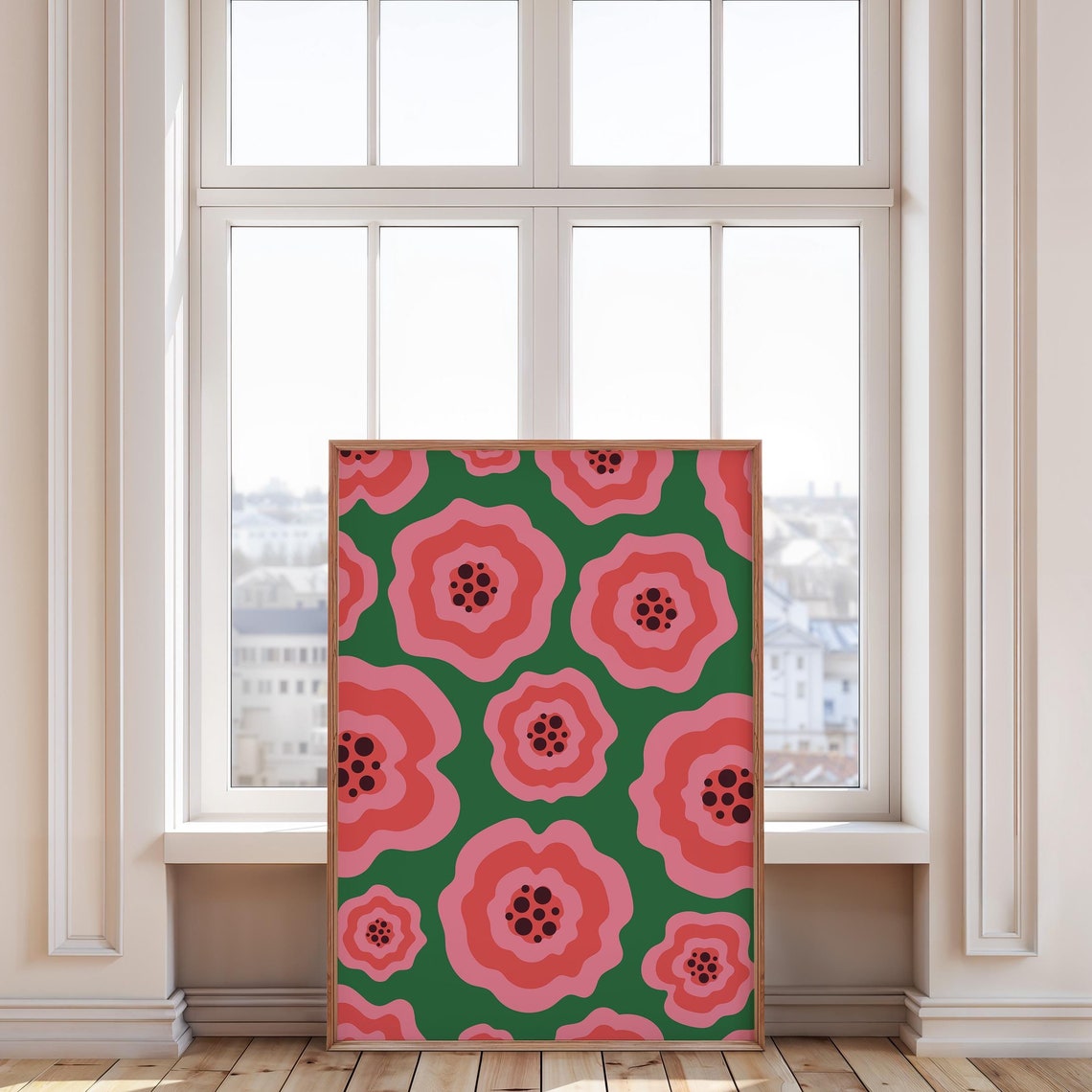 Bold Retro Flower Pattern Poster Pink Green Maximalist Wall Decor - Image 4