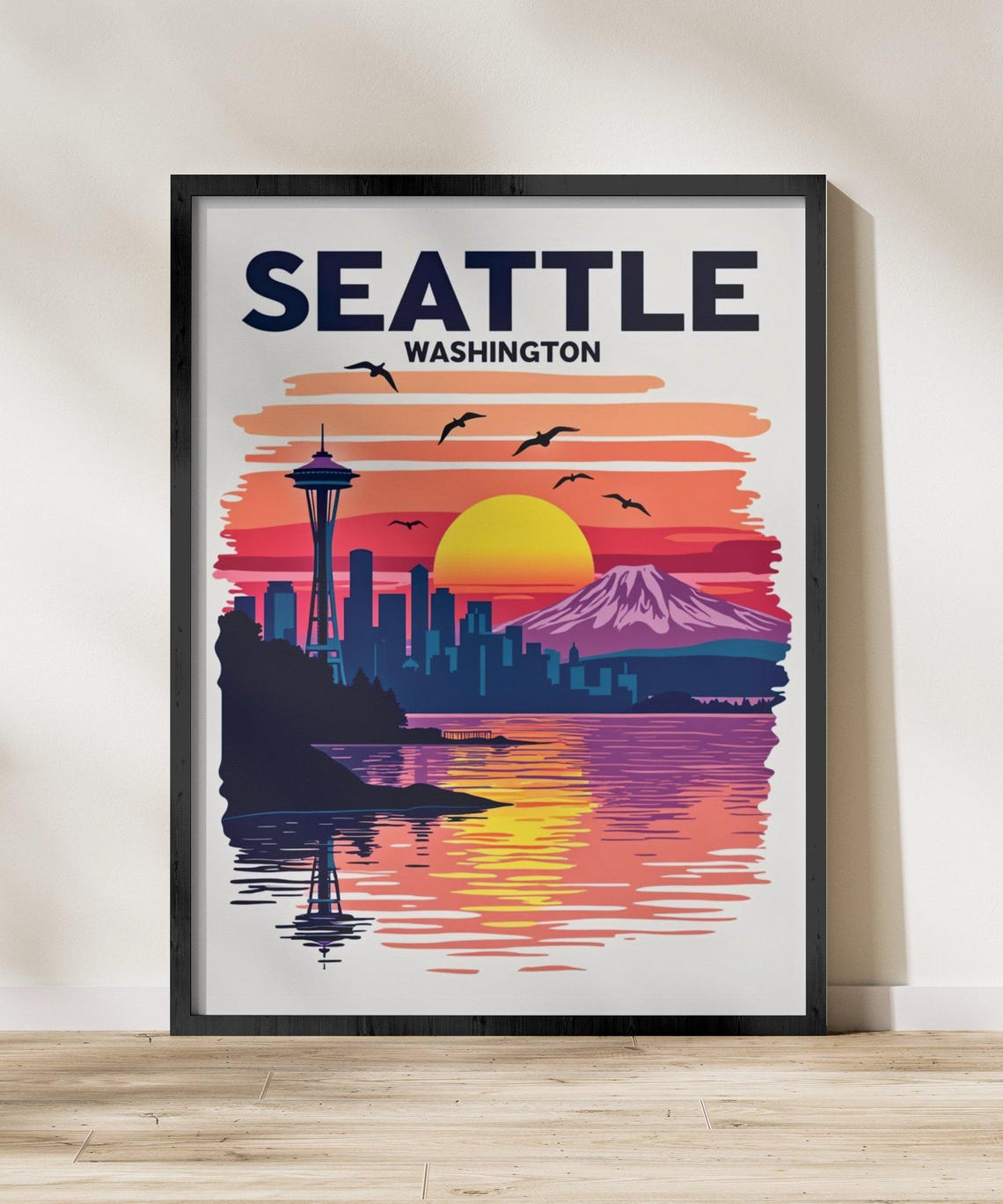 Seattle Washington Space Needle Skyline Sunset Mt Rainier View Poster - Image 2