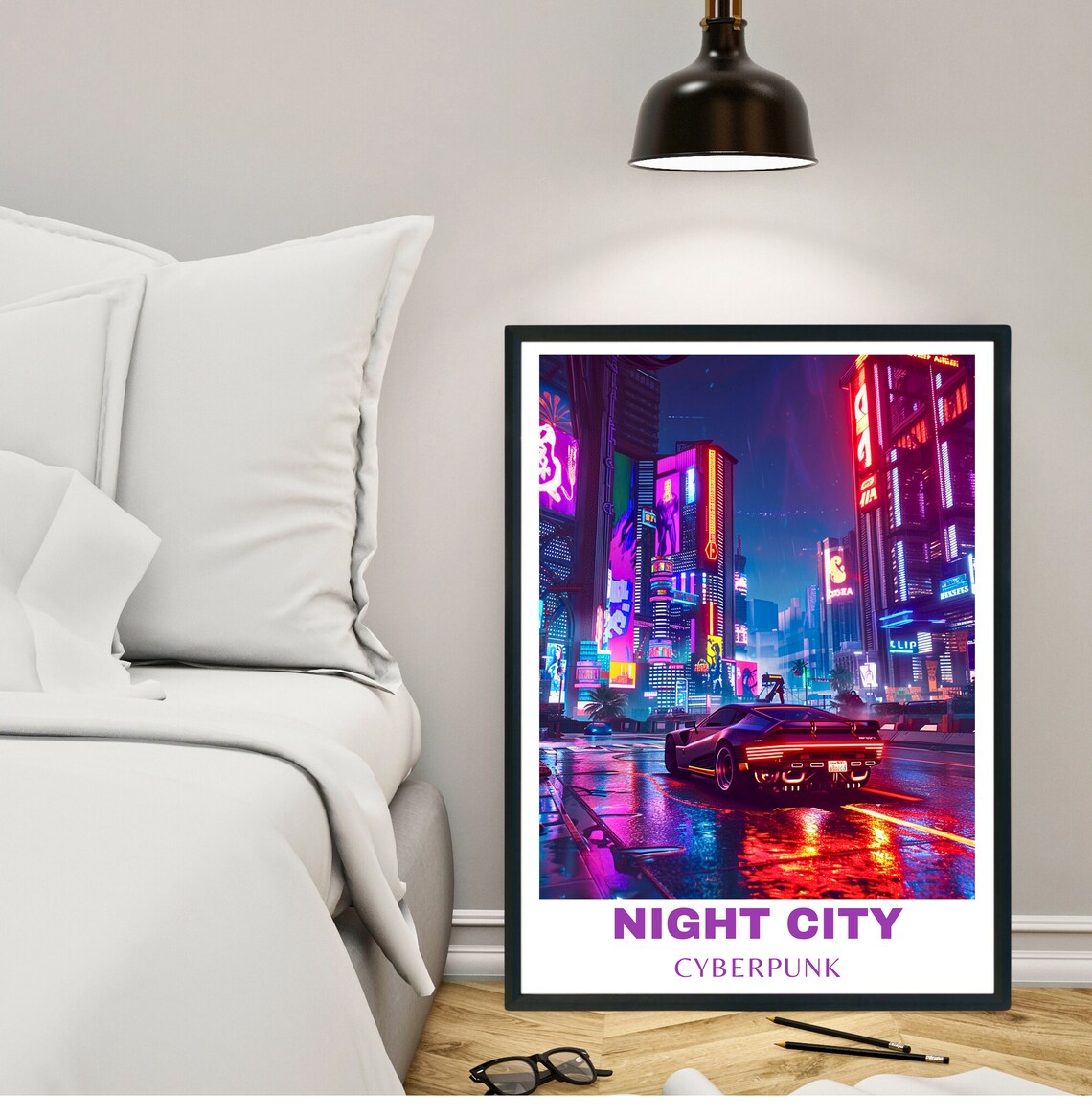 Night City Cyberpunk Neon Streets Sports Car Night Scene Poster - Image 2