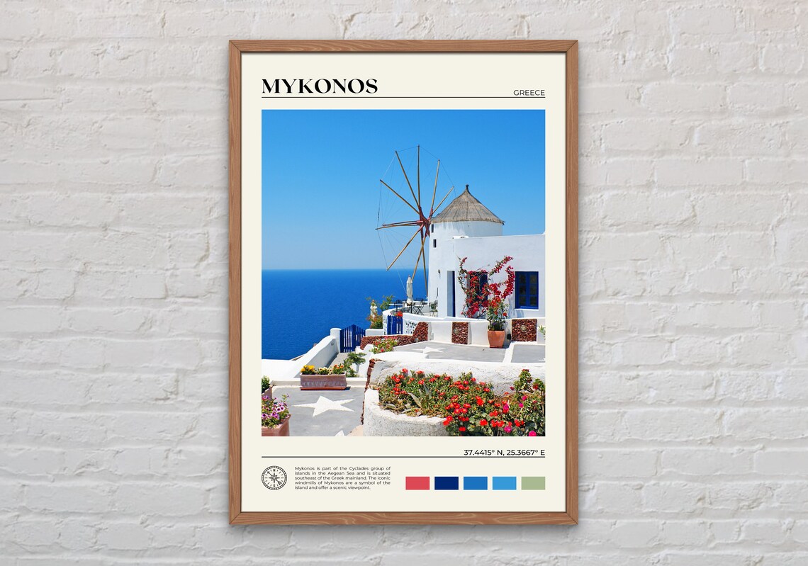 Mykonos Travel Poster, Greece Wall Art Print