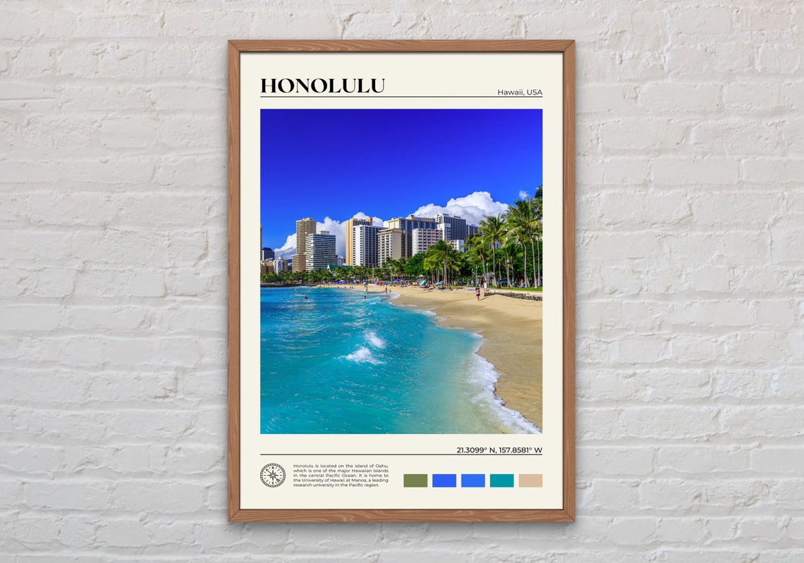 Honolulu Hawaii Sunny Waikiki Beach Turquoise Waves Travel Poster