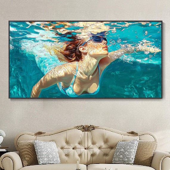Sensual Woman Swimming Hand Oil Painting Abstract Vacation Diving Enthusiast Gift Adult Decor Art Bedroom Headboard Decor Gift For