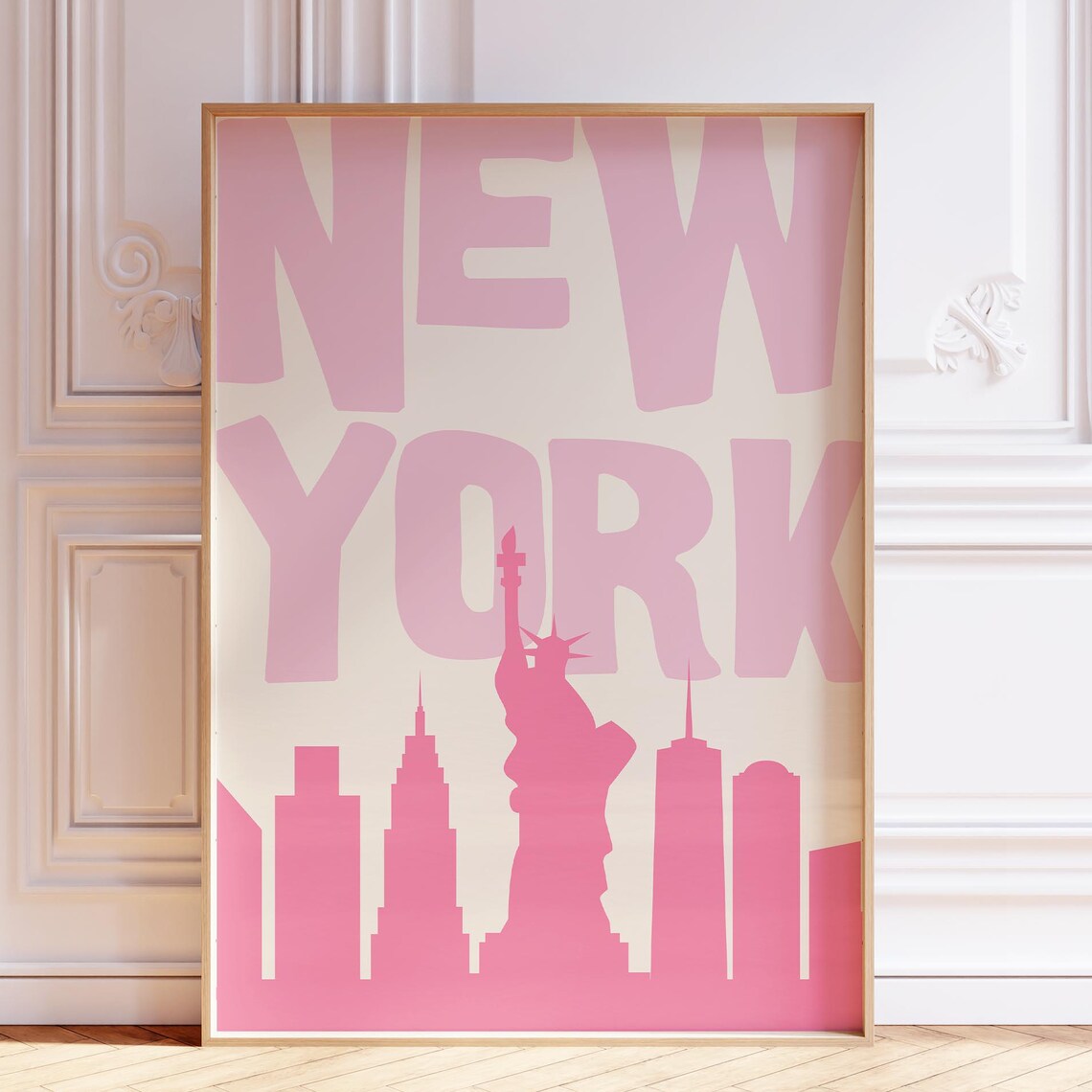 New York City Pink Preppy Skyline Silhouette Typography Poster
