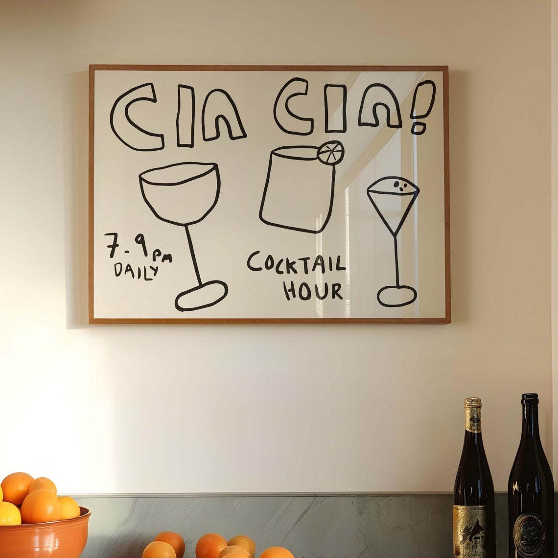 Cin Cin Cocktail Hour Retro Bar Cart Drink Party Kitchen Poster