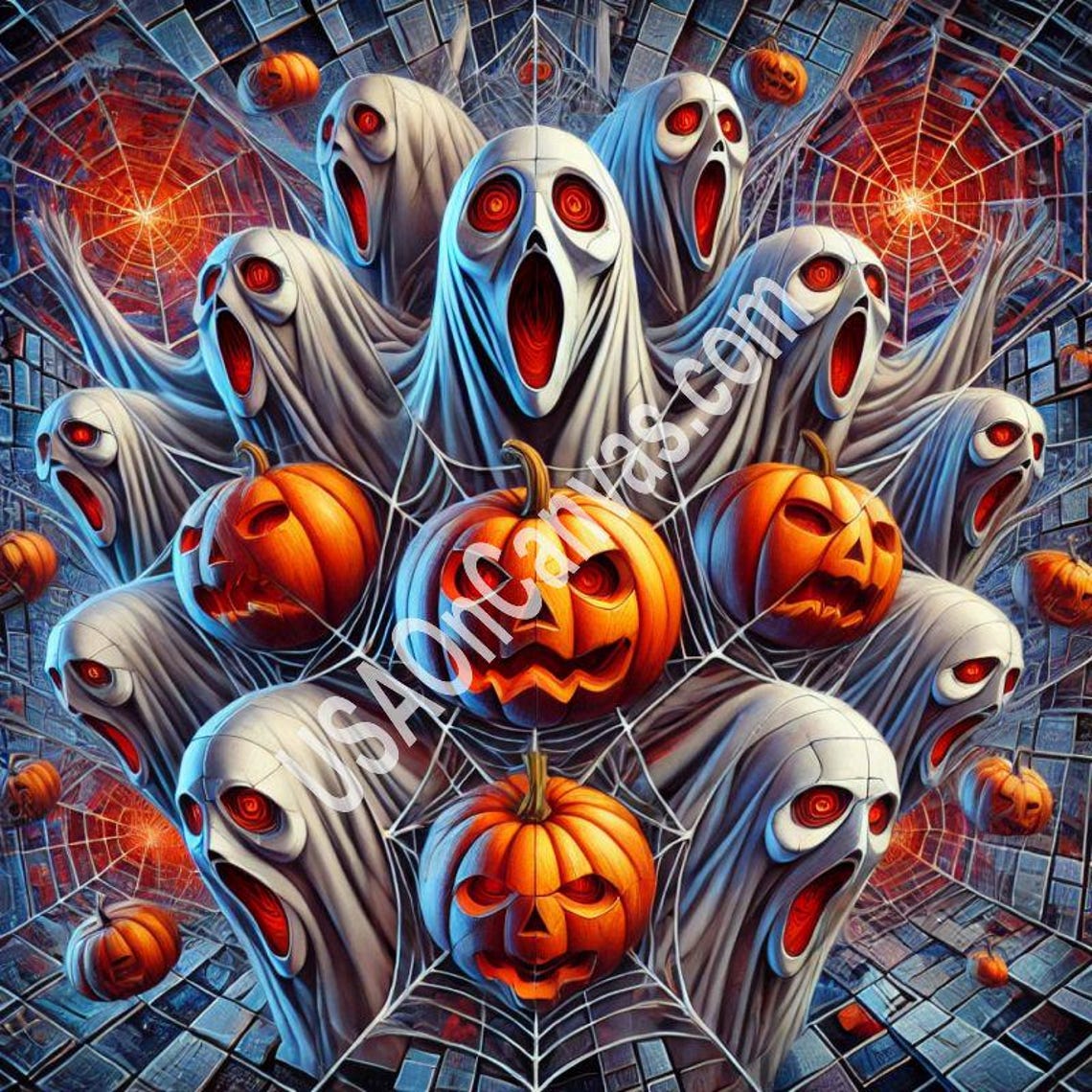 Terrifying Red-Eyed Ghosts with Jack-O-Lanterns Halloween Poster