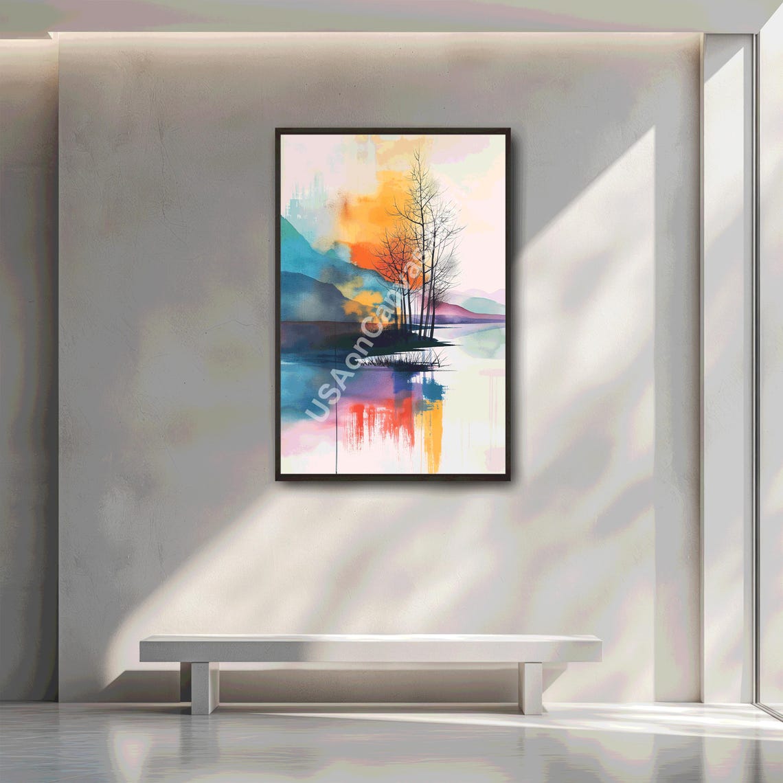 Colorful Abstract Nature Scene Vibrant Trees And Water Reflectionart Modern Pastel Landscape Wall Dcor Tranquil Artistic Nature Print