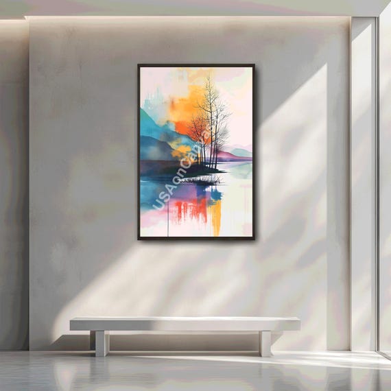 Colorful Abstract Nature Scene Vibrant Trees And Water Reflectionart Modern Pastel Landscape Wall Dcor Tranquil Artistic Nature Print