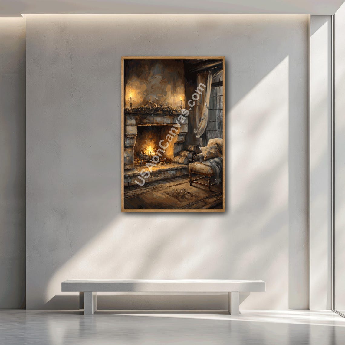 Cozy Stone Fireplace with Armchair in Rustic Fireside Retreat Poster
