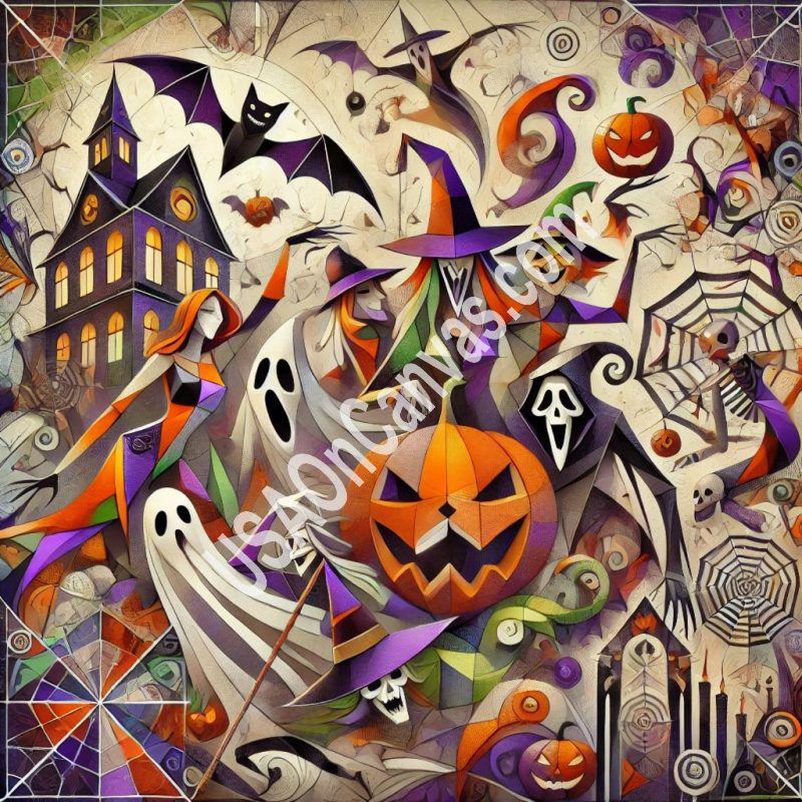 Cubist Halloween Party Scene with Dancing Witches and Ghosts Poster