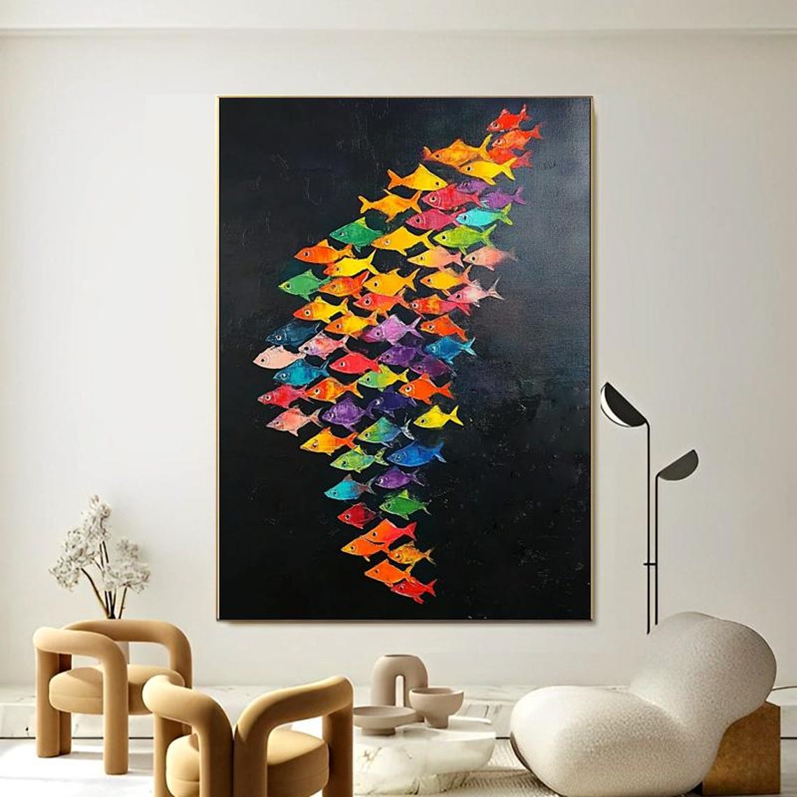 Colorful School of Tropical Fish on Dark Black Background Poster