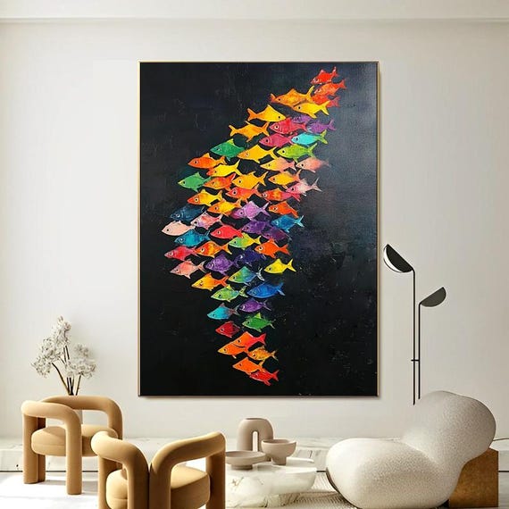 Hand Painted Modern Abstract Oil Painting Tropical Fish And Sailboat Colorful Wall Art For Living Room Entryway Dining Room
