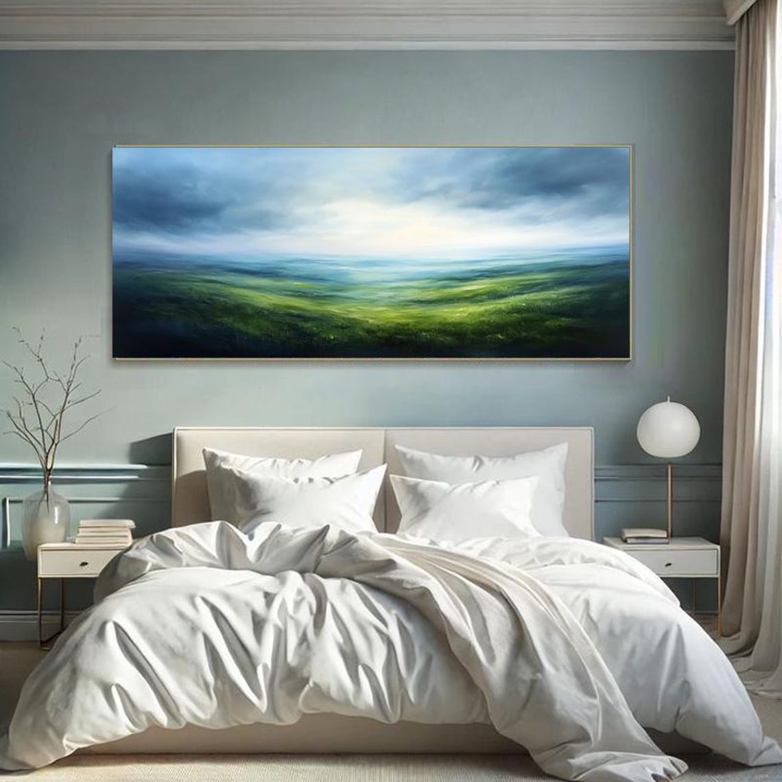 Emerald Green Rolling Hills Under Misty Sky Panoramic Landscape Poster - Image 2