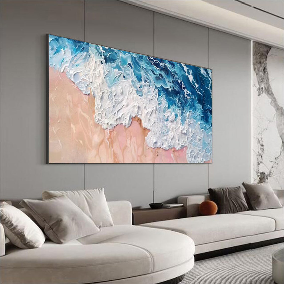 Thick Foamy White Waves Over Soft Blush Pink Sand Beach Poster - Image 5