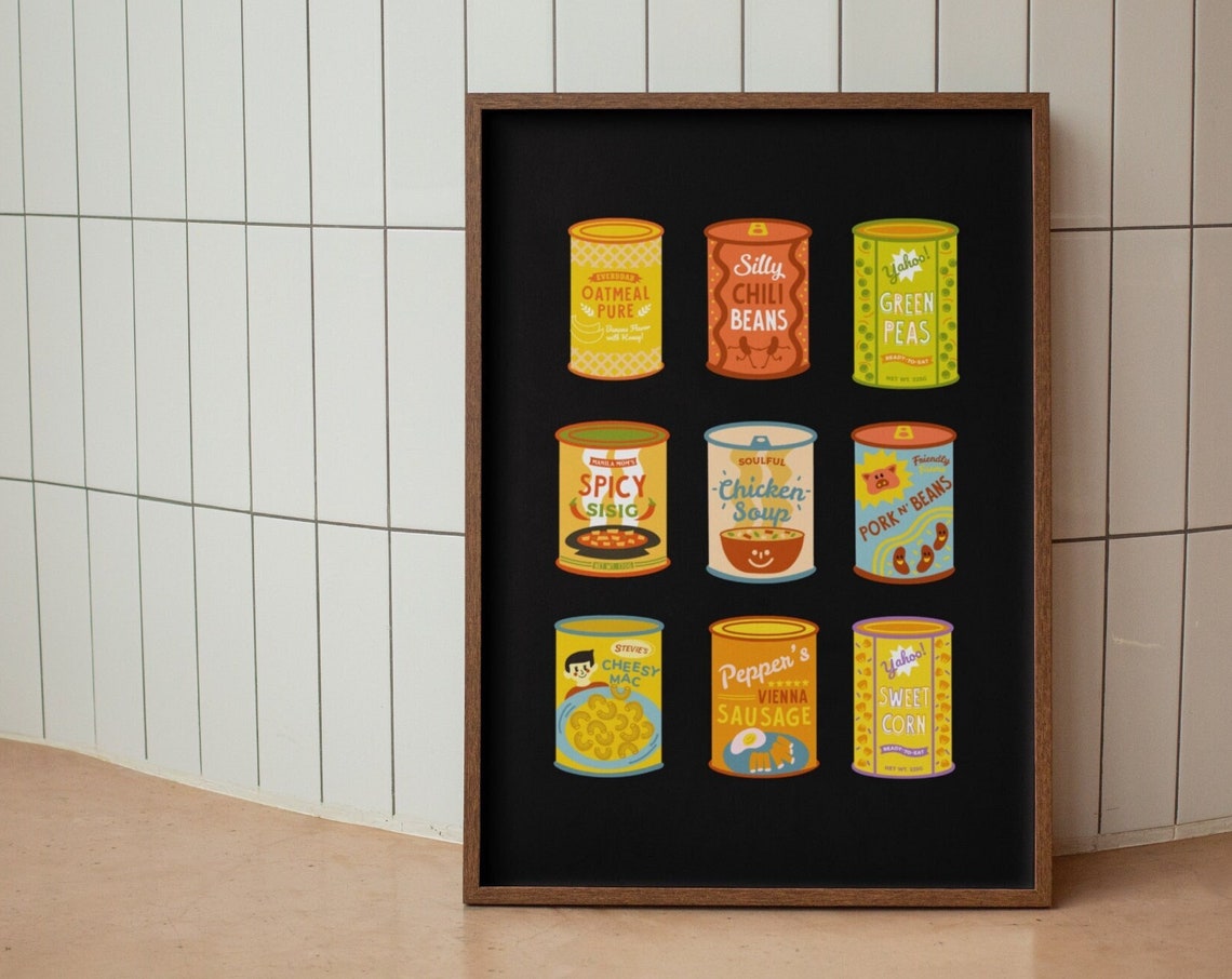 Retro Canned Goods Illustration Vintage Pantry Kitchen Wall Poster
