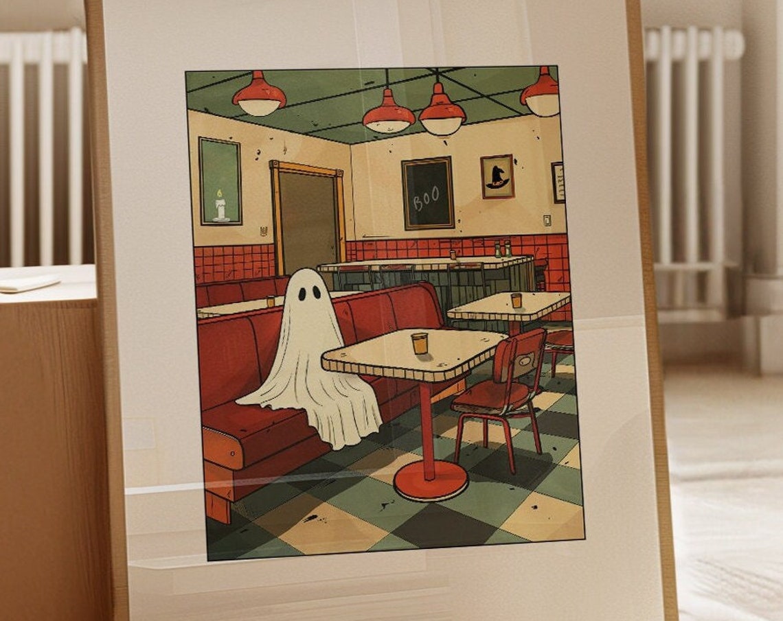 Ghost Sitting Alone In A Retro Diner Halloween Night Art Poster