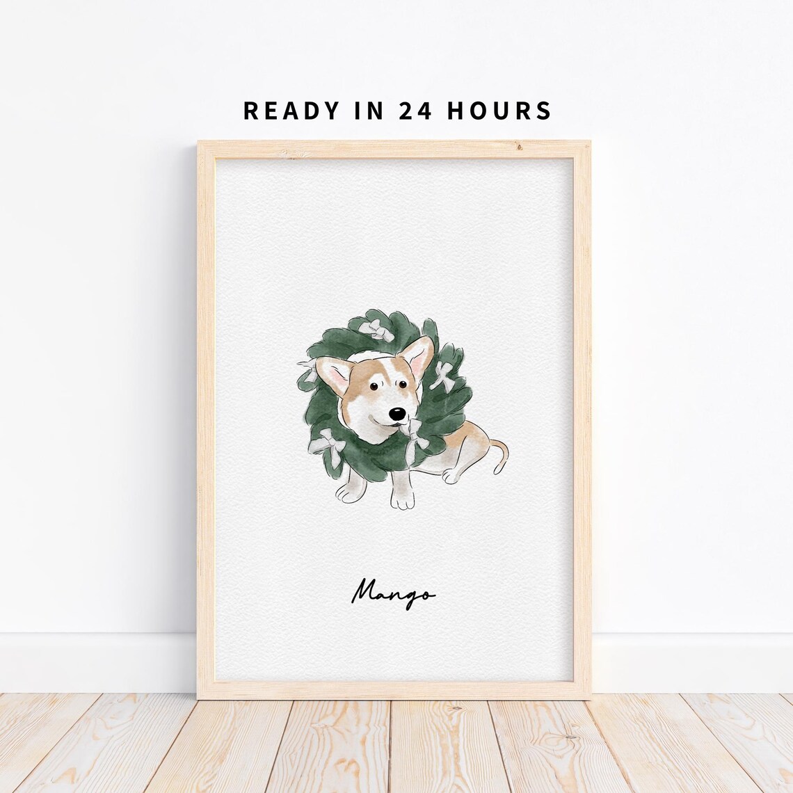 Mango Custom Corgi Christmas Portrait Wreath Dog Watercolor Holiday Poster