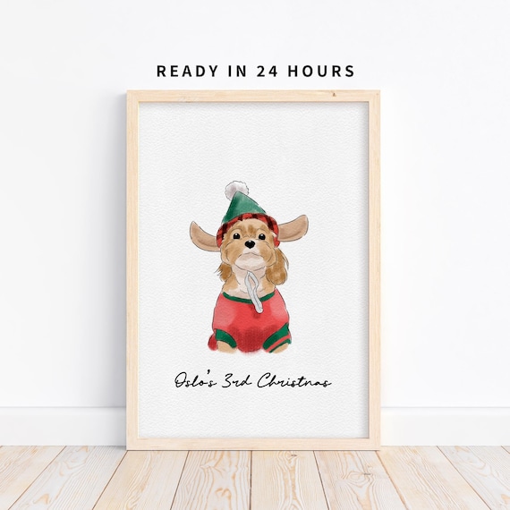 Oslos 3rd Christmas Custom Puppy Portrait Holiday Pajamas Watercolor Poster