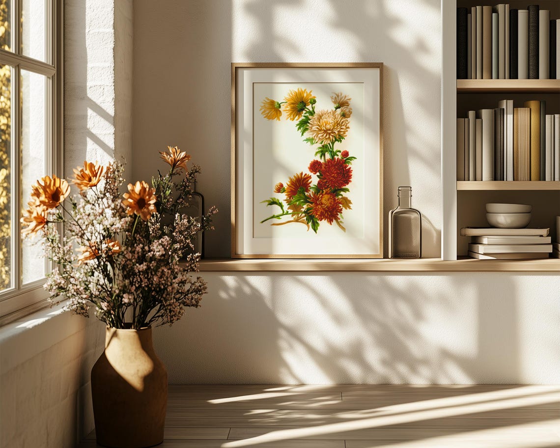 Golden and Crimson Chrysanthemum Stems Vintage Botanical Poster - Image 6