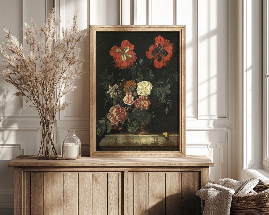 Red Poppies and Roses Dark Vintage Floral Still Life Painting Poster - Image 4