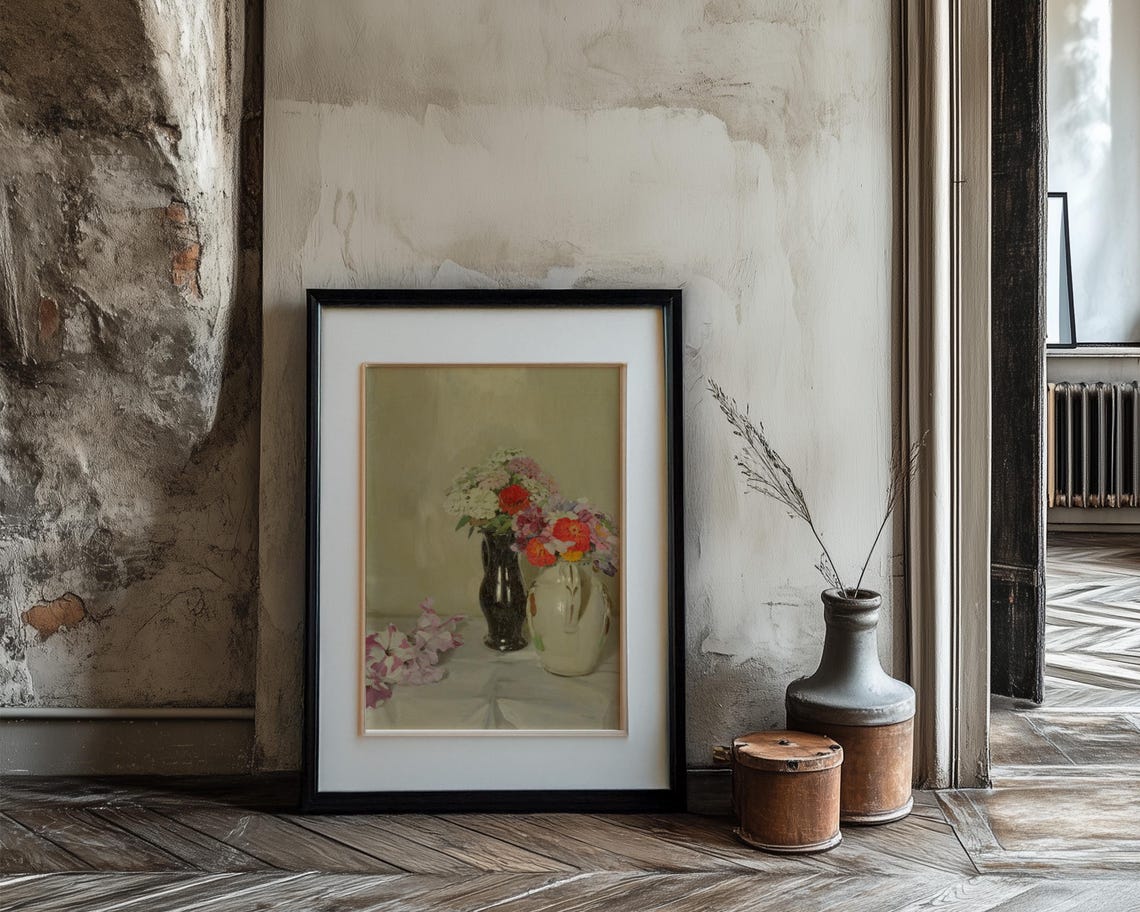 Tabletop Flower Still Life with Ceramic Jug Black Vase Poster - Image 3