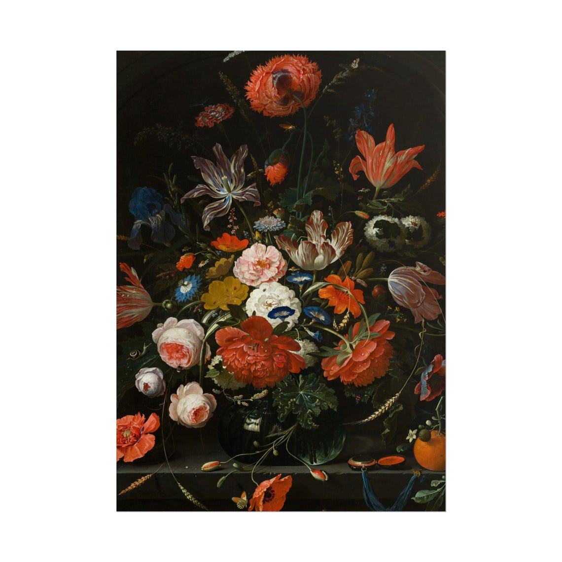 Baroque Flower Bouquet Poppies Tulips Roses Dark Ground Poster