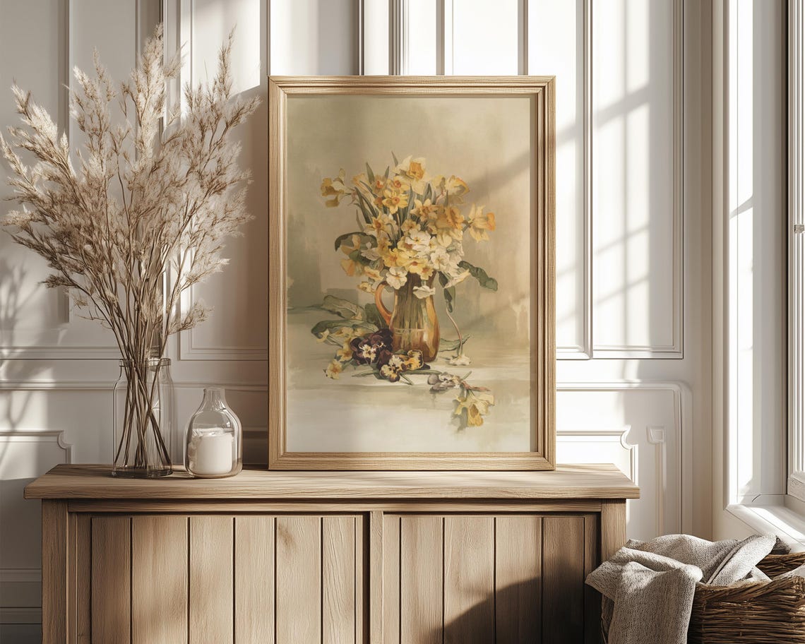 Yellow Daffodils In A Copper Jug Still Life Watercolor Print - Image 4