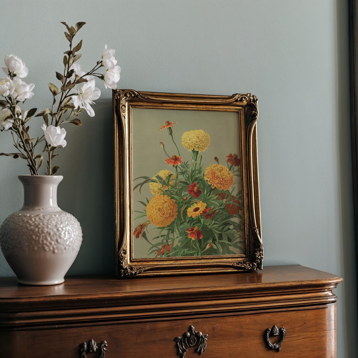 Golden Marigold Bouquet in Vintage Oil Painting Floral Art Poster - Image 2