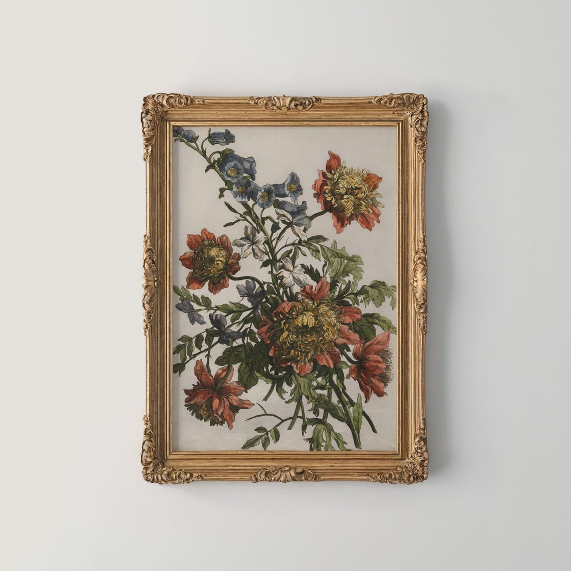 Red And Blue Vintage Bouquet Engraving Floral Wall Decor Print