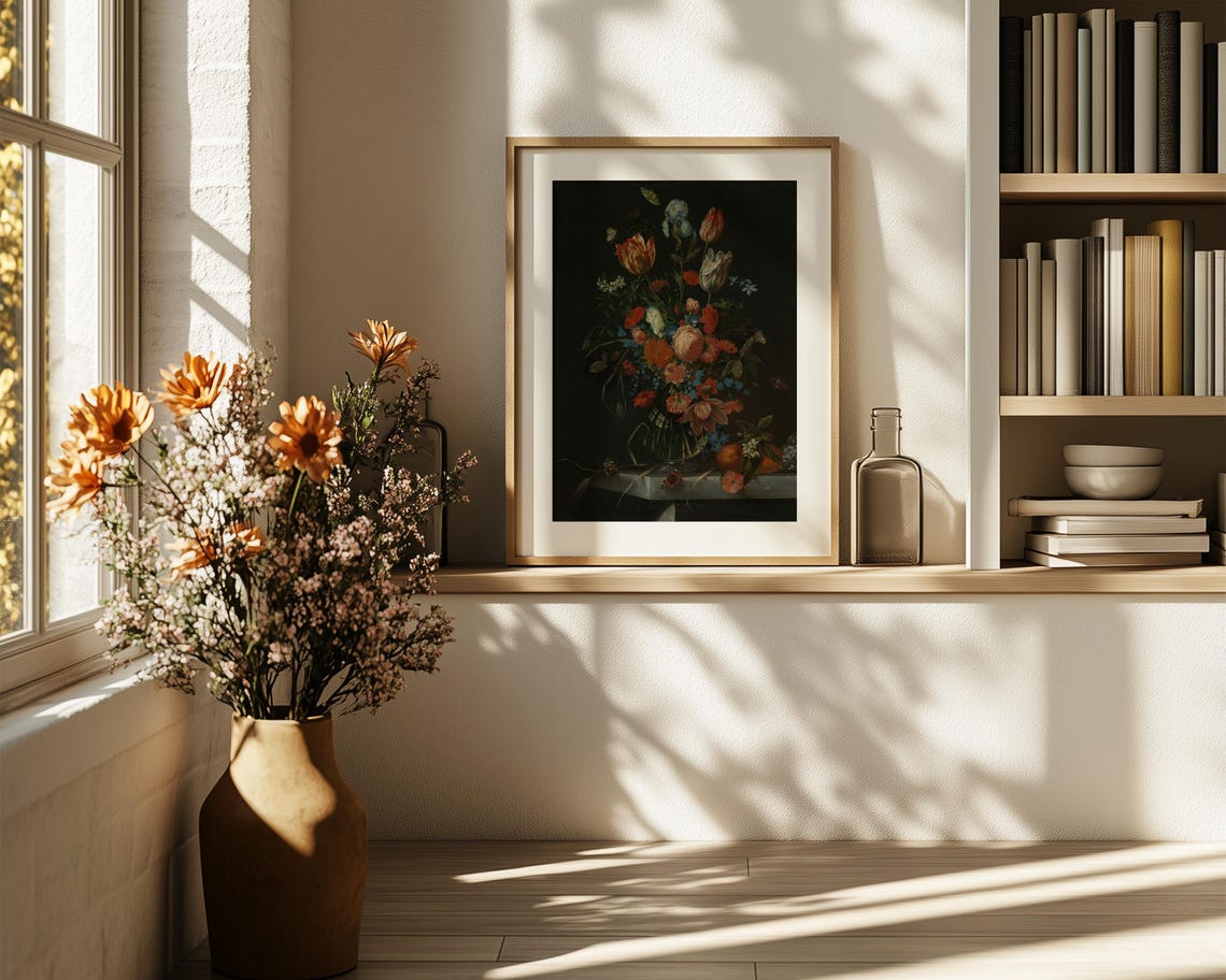 Tulips Iris and Poppies in Glass Vase Dark Still Life Poster - Image 6
