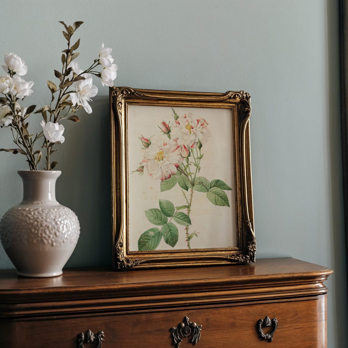 White Cabbage Roses with Blush Buds Vintage Botanical Poster - Image 2