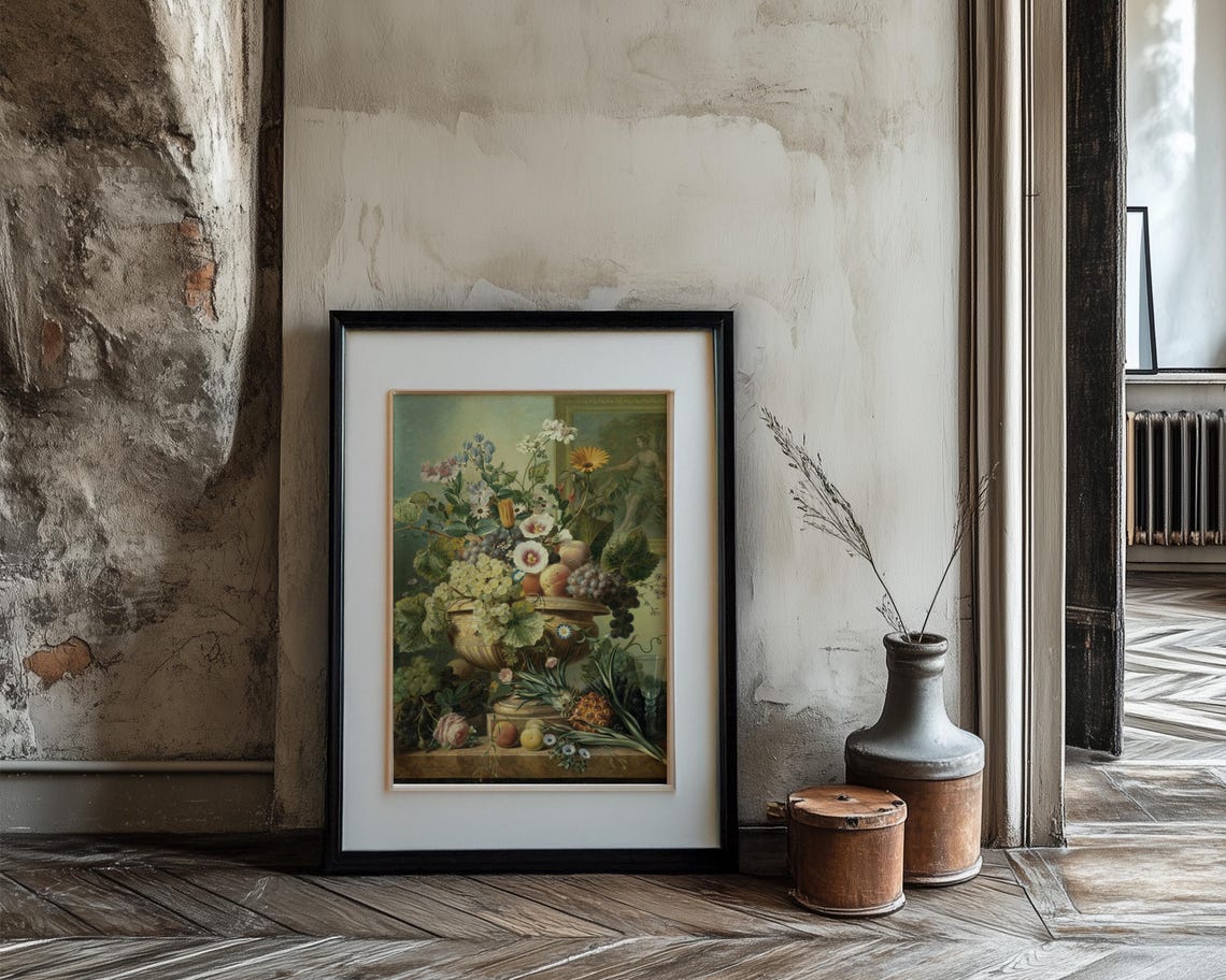 Fruit and Flower Still Life in Golden Urn with Grapes Vintage Poster - Image 3