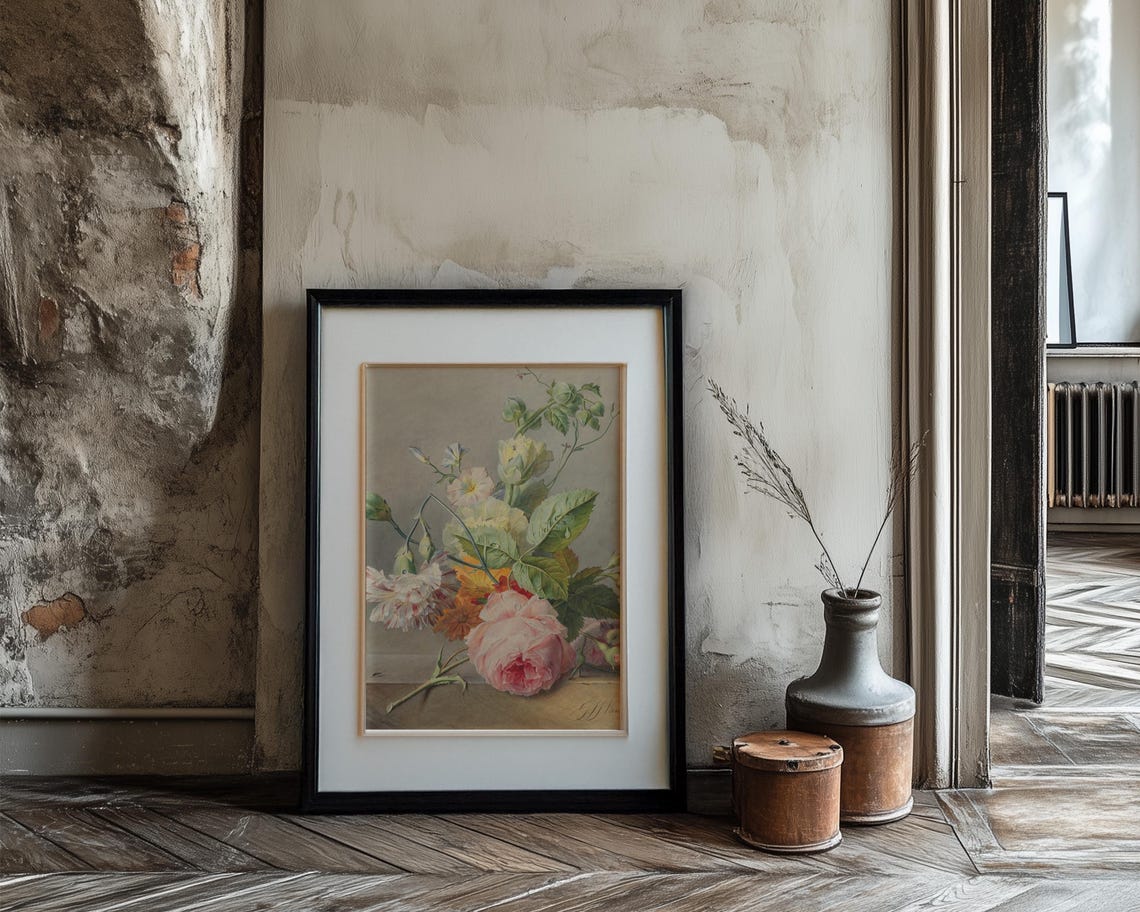 Delicate Pink Rose and Carnation Bouquet Vintage Botanical Poster - Image 3