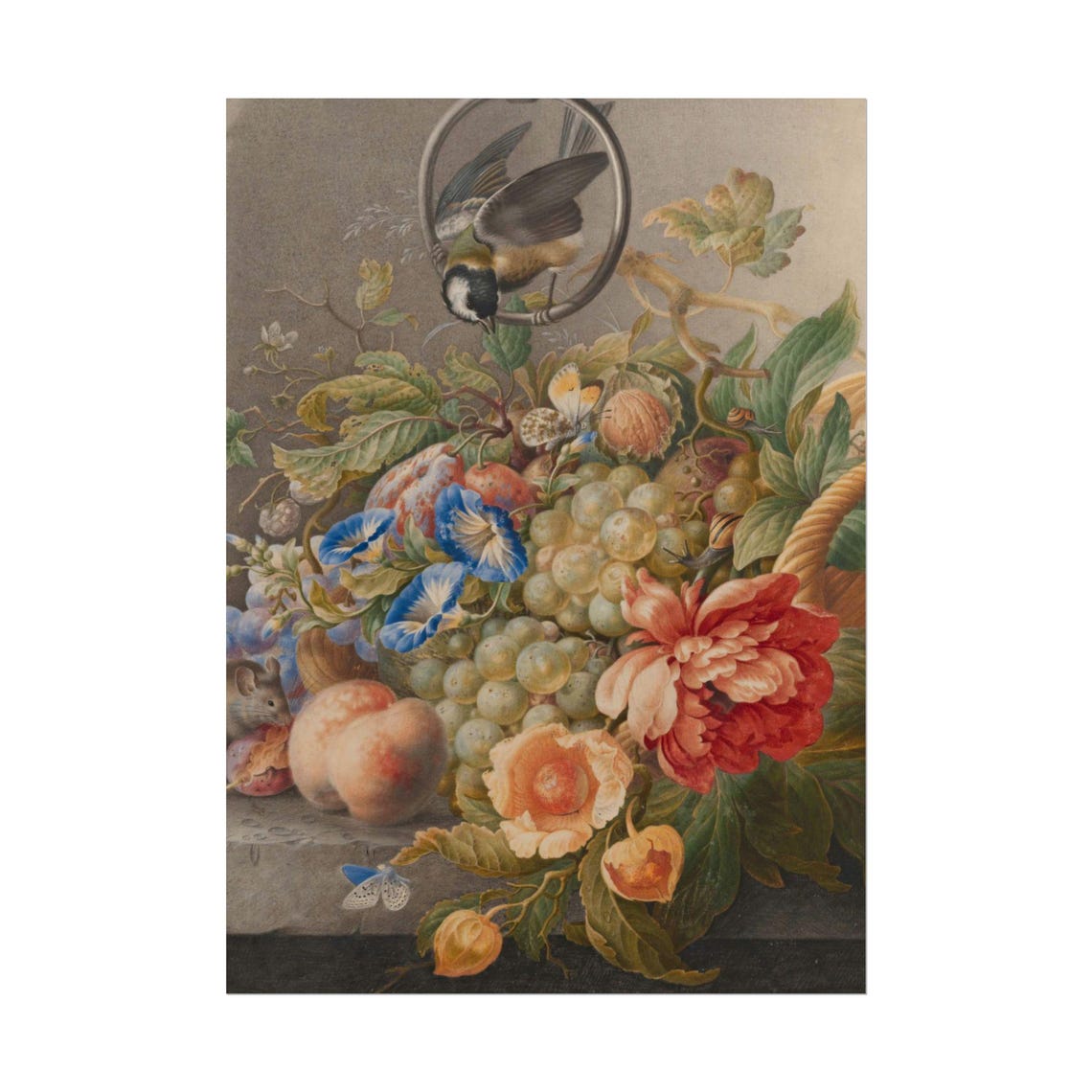 Fruit and Flower Still Life Bird Grapes Peaches Vintage Poster