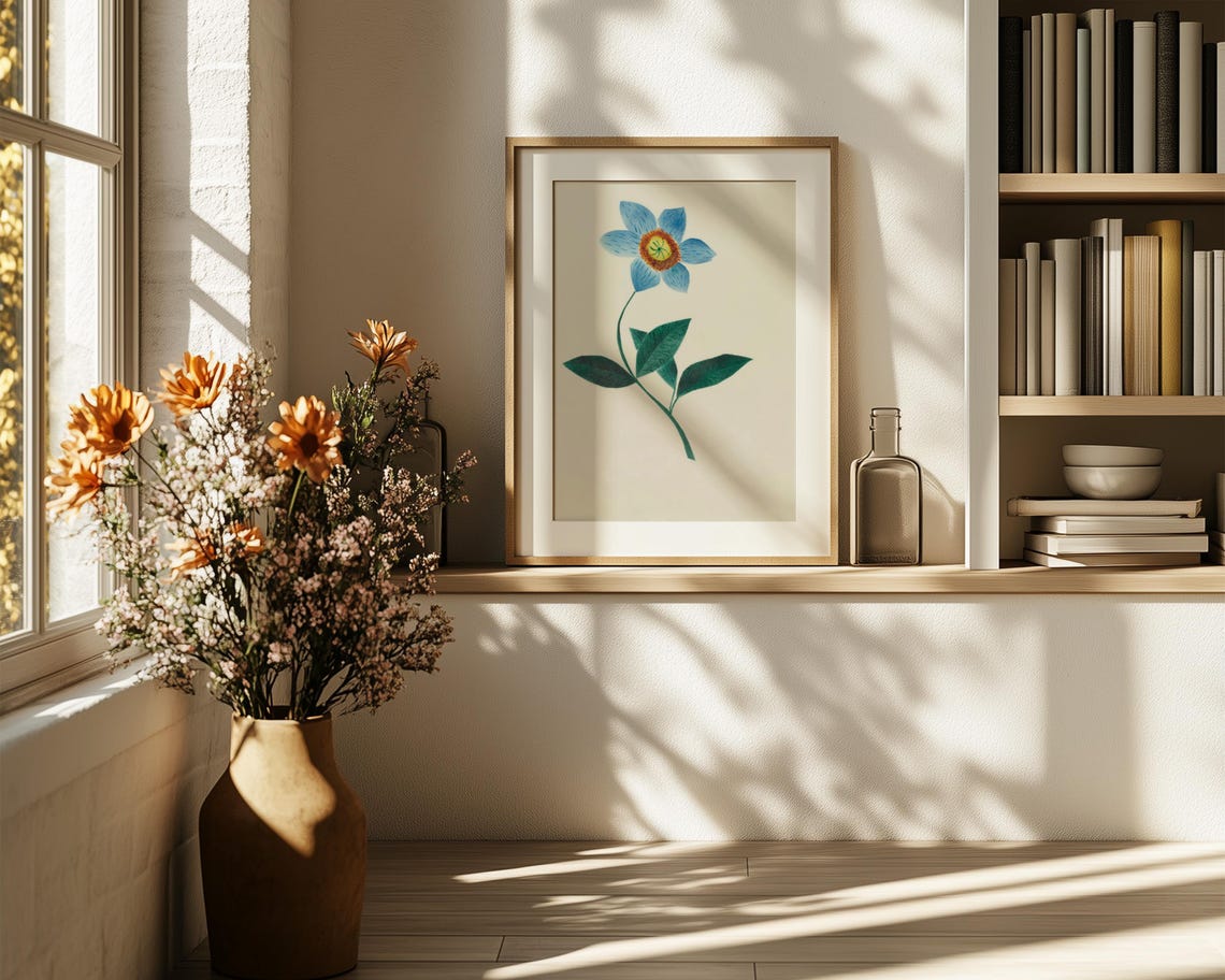Single Blue Flower Minimalist Botanical Study Wall Decor Print - Image 6
