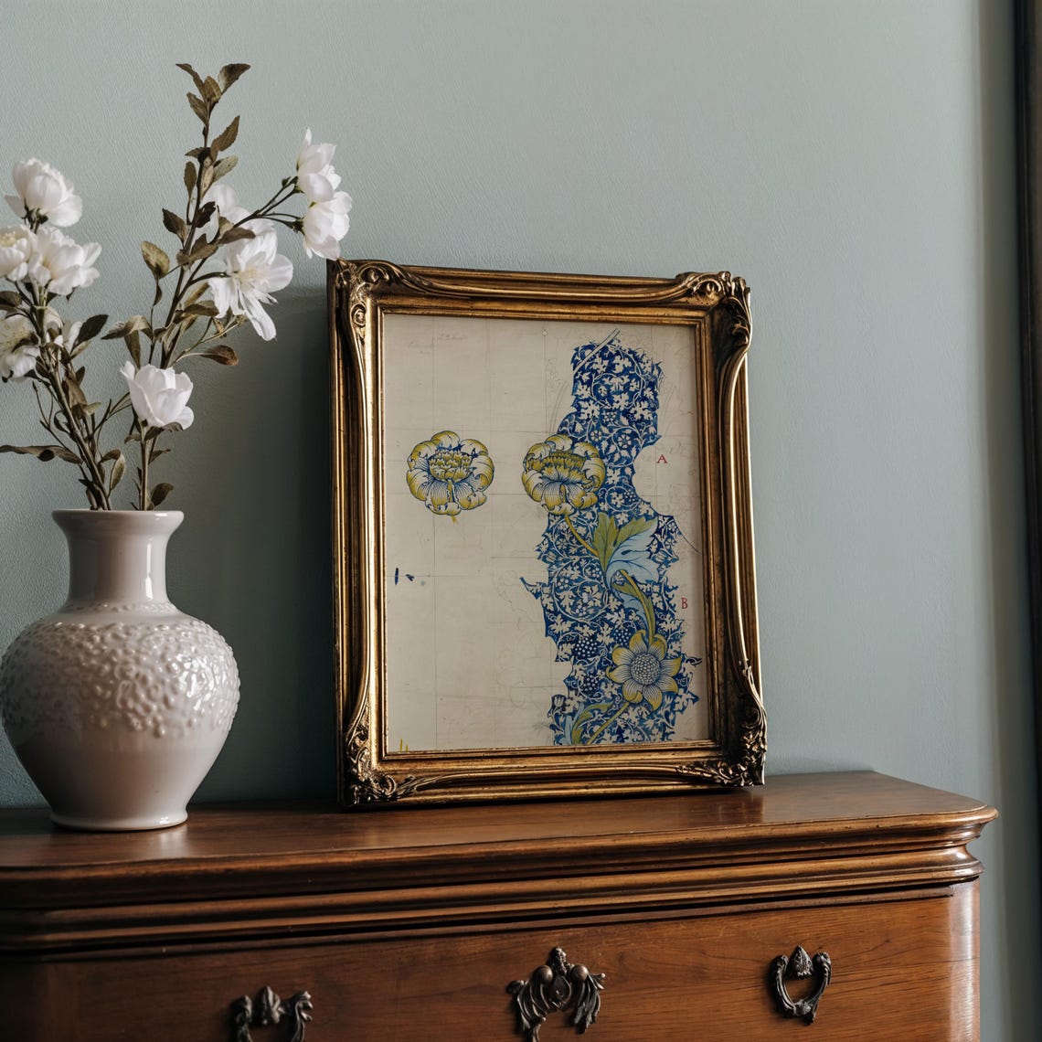 William Morris Style Blue Floral Column Design Study Art Poster - Image 2